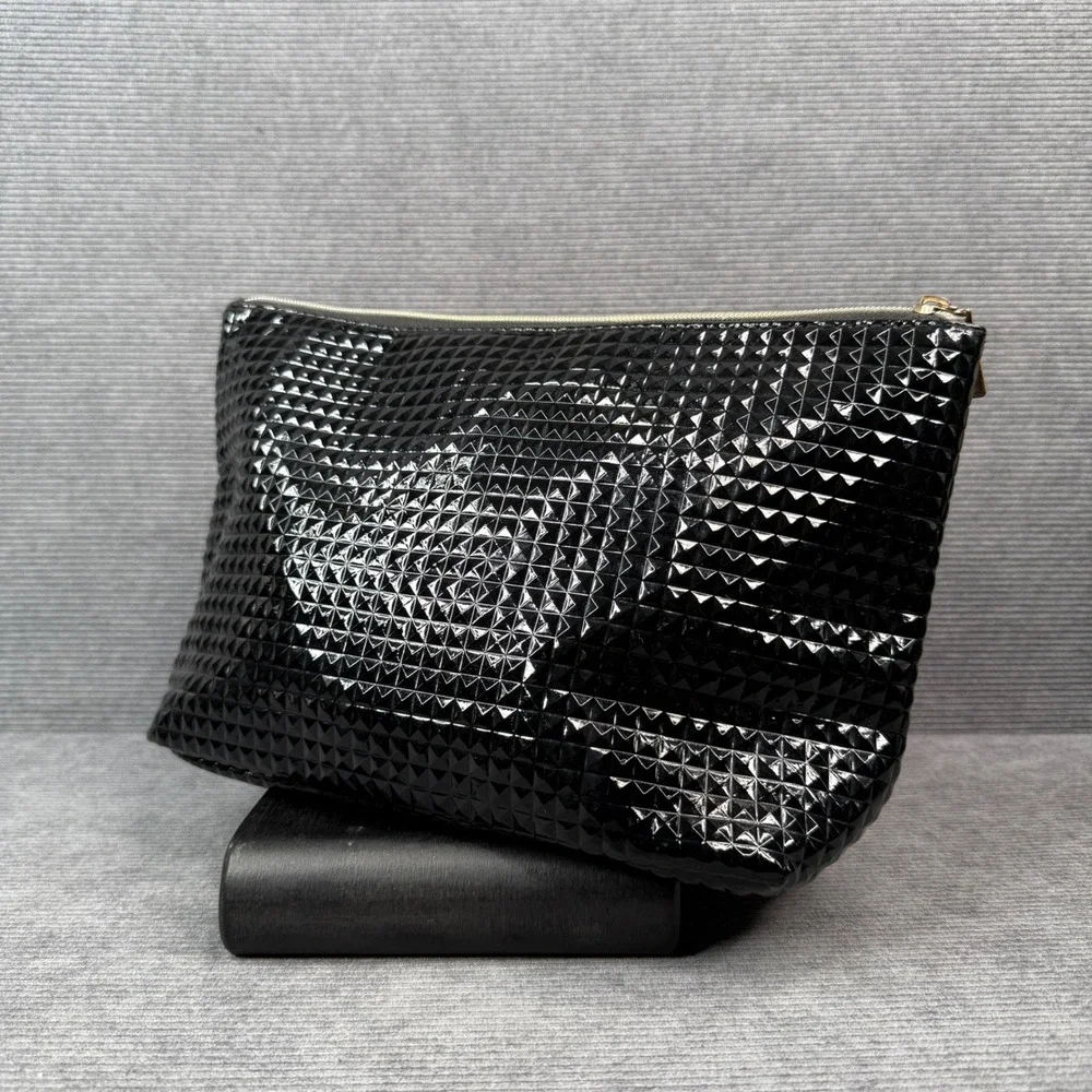 Juicy Couture Black Patent Pyramid Stud Cosmetic Bag Gold JC Logo Pouch 12x8
